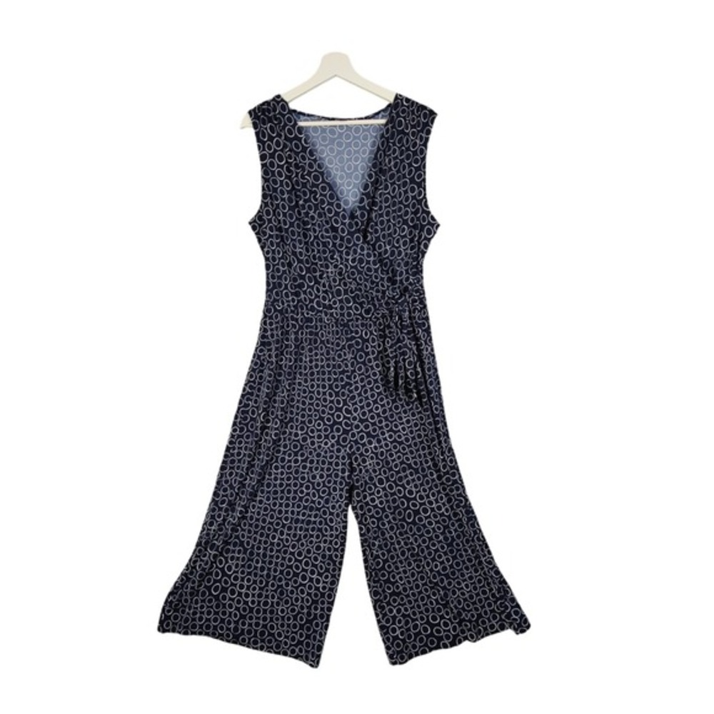 Roz & Ali Womens Retro Mod Geometric Jumpsuit 14 Navy Blue Wide Leg Culotte